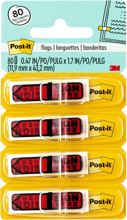 Post-it Message Flags, Sign Here, 20/Dispenser, 4 Dispensers/Pack, 0.47 in Wide, Red (684-RDSH)