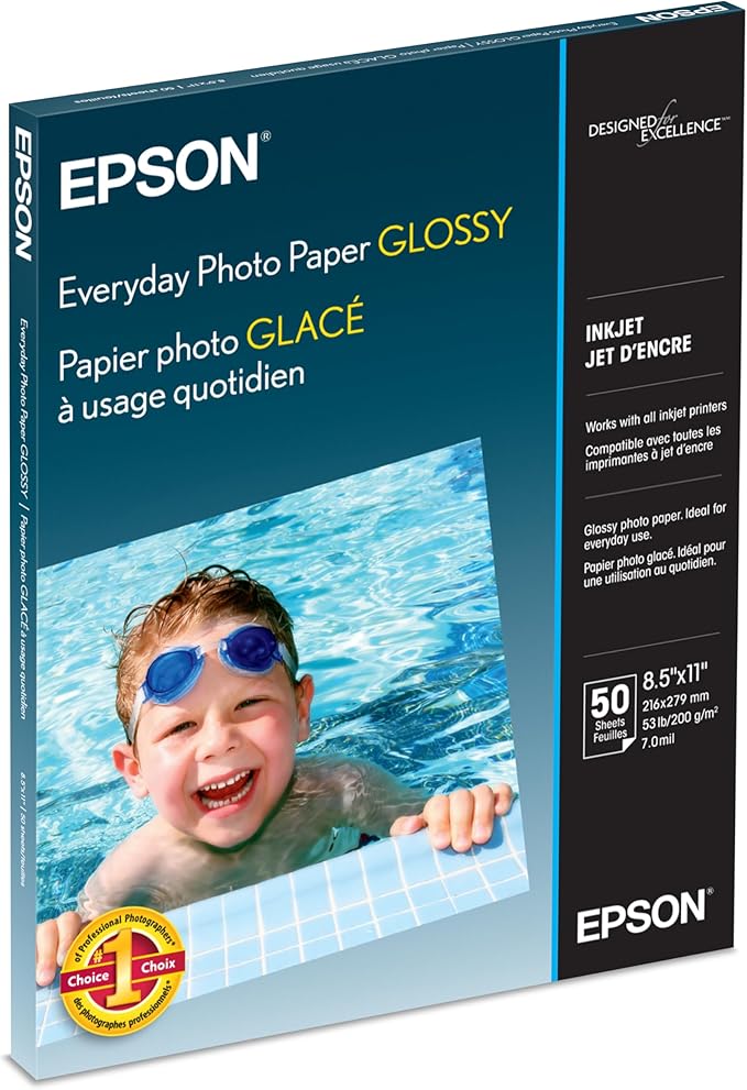 Epson Glossy Photo Paper 52 lbs., Glossy, 8-1/2 x 11, Pack of 50 Sheets (S041649)