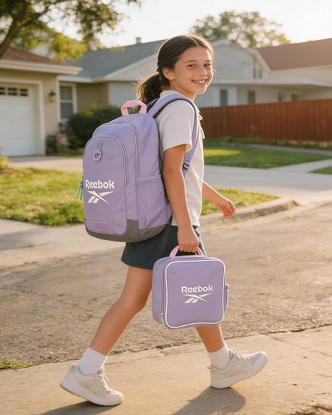 Reebok Girls and Boys Backpack - 2-in-1 Coordinated School Backpack for Girls and Boys with Detachable Lunch Box for Kids, Lavender