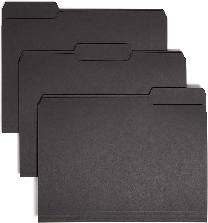Smead Interior File Folder, 1/3-Cut Tab, Letter Size, Black, 100 per Box, Expandable File Folders for Filing Cabinet