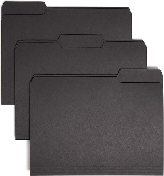 Smead Interior File Folder, 1/3-Cut Tab, Letter Size, Black, 100 per Box, Expandable File Folders for Filing Cabinet