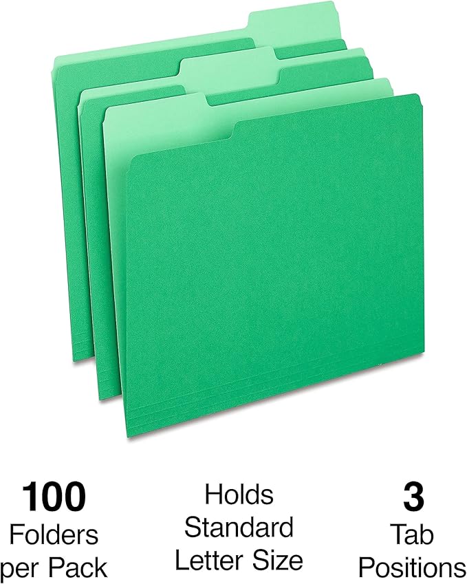 Staples File Folders, Letter Size, 1/3‑Cut Tabs, Assorted Positions, Green, Durable Paper Stock, 100/Pack