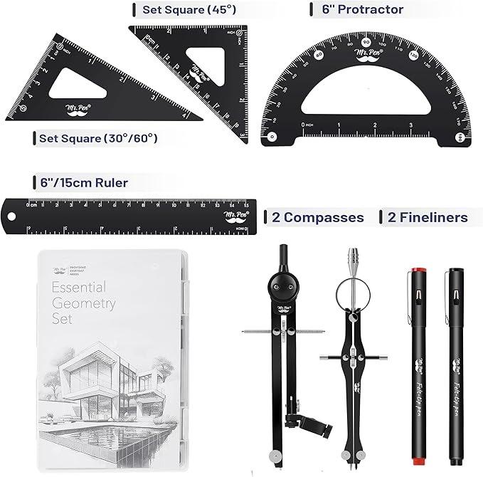 Mr. Pen- Professional Geometry Set, 15pcs, Black Geometry Kit for Artists and Students, Geometry Set, Metal Rulers and Compasses, Drawing Tools, Drafting Supplies, Drafting Set, Drafting Tools and Kit