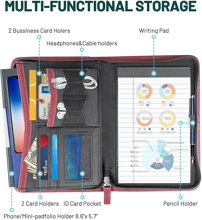 Padfolio for Women, Zippered Business Portfolio, Leather Padfolio Binder 5.3 x 8 inch Writing Pad, Business Portfolio Organizer, Small Padfolio with Clipboard (Red)