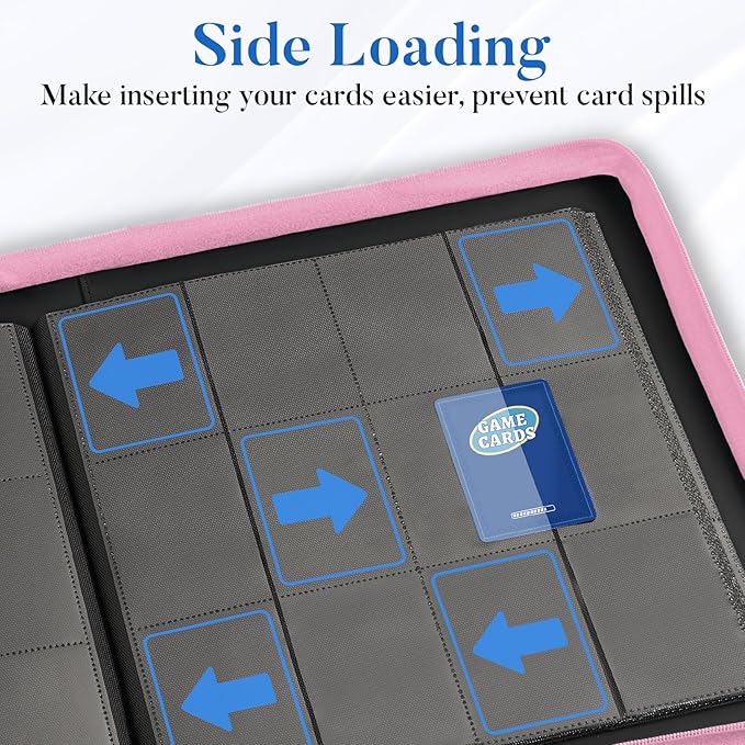 Premium Zip Card Binder 12 Pocket, Fabmaker 912 Pockets Trading Card Binder, PU Zipper Card Collection Album, Sturdy Side-Loading Card Book Holder for Game & Sports Cards, Pink
