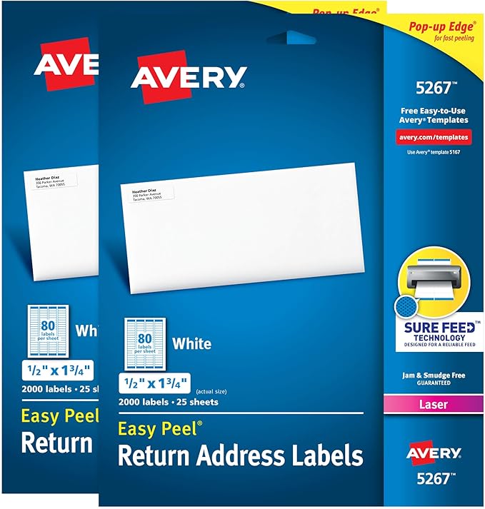 Avery Printable Easy Peel Return Address Labels, 0.5" x 1.75", Sure Feed, 2 Pack, 4000 Labels Total (5637)