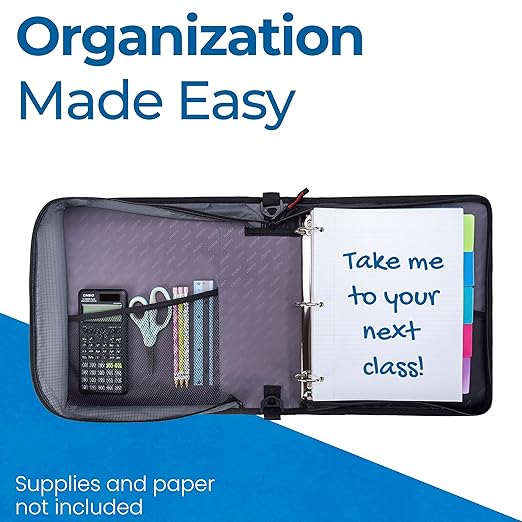 Case-it The Universal 2.0 Zipper Binder -1.5 Inch D-Ring - Removable Padded Pocket Holds Up to 13" Laptop/Tablet - Multiple Pockets - 350 Page Capacity - Comes with Shoulder Strap - Jet Black LT-207