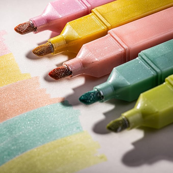 DIVERSEBEE Glitter Bible Highlighters with Soft Chisel Tip, 5 Pack Assorted Color Pens No Bleed, Quick Dry, Cute Aesthetic Marker Set for Bible Study Journaling Supplies (Sunshine)