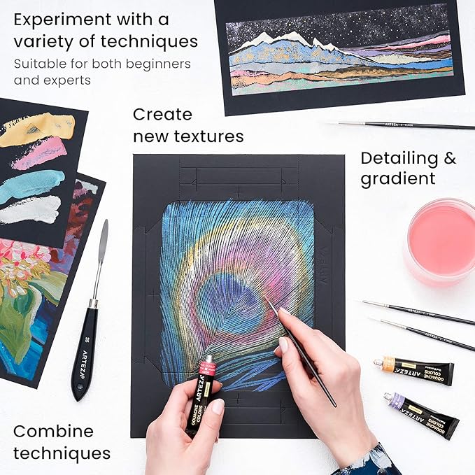 ARTEZA Metallic Gouache Paint Set with Black Canvas Paper, Includes 12 Gouache Colors, Foldable Canvas, DIY Art Kit for Artists & Beginners