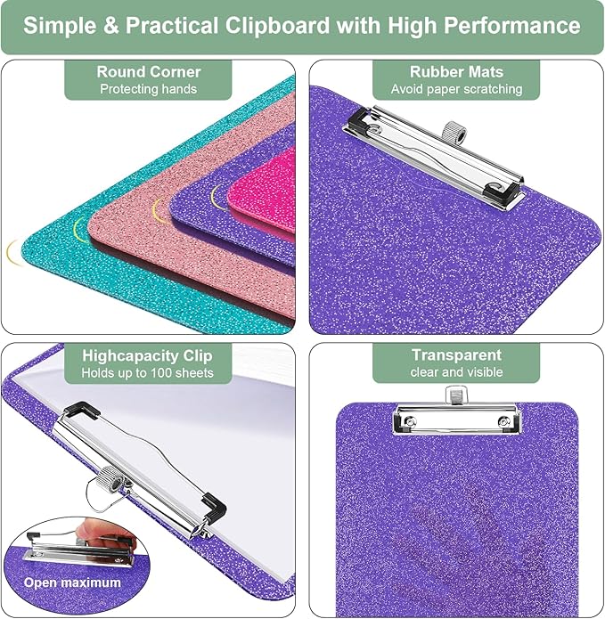 1 Pcs Clear Glitter Clipboards, Plastic Clipboard with Pen Holder,Size 8.85 x 12.4 in Shiny Clipboards with Low Profile Clip,Cute Hanging Clipboard for Office School Supplies Sparkly Clip board-Purple