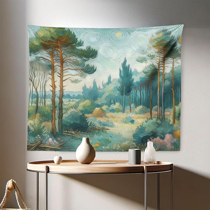 Ambesonne Forest Tapestry, Trees Bushes Sky with Dramatic Brush Stroke Effects Post-Impressionism, Fabric Wall Hanging Decor for Bedroom Living Room Dorm, 28" X 23", Cadet Blue Green Amber