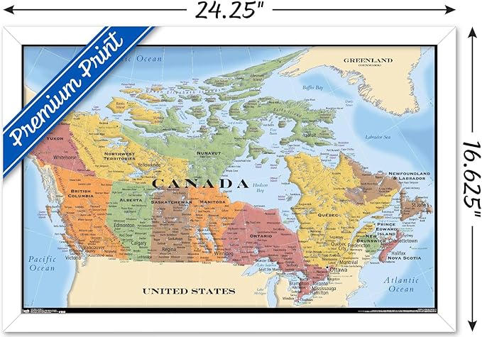 Map - Canada Wall Poster, 22.4L" x 14.7W", White Framed Version