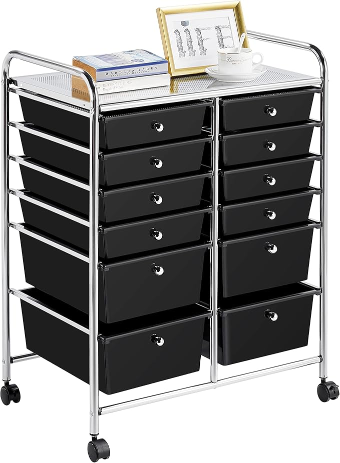 Yaheetech 12 Drawers Rolling Storage Cart Multipurpose Movable Organizer Cart Storage Bin Trolley Tools Scrapbook Paper Organizer on Wheels, Black