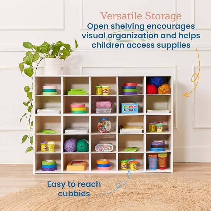 ECR4Kids Streamline 25 Cubby Tray Storage Cabinet, 5x5, Classroom Furniture, White Wash