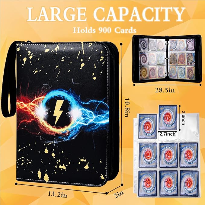 9 Pocket Trading Card Binder,900 Pockets Trading Card Collection Book with Sleevese,3-ring Zipper Sports Card Album with 50 Removable Double-Sided Card Holder (Black)