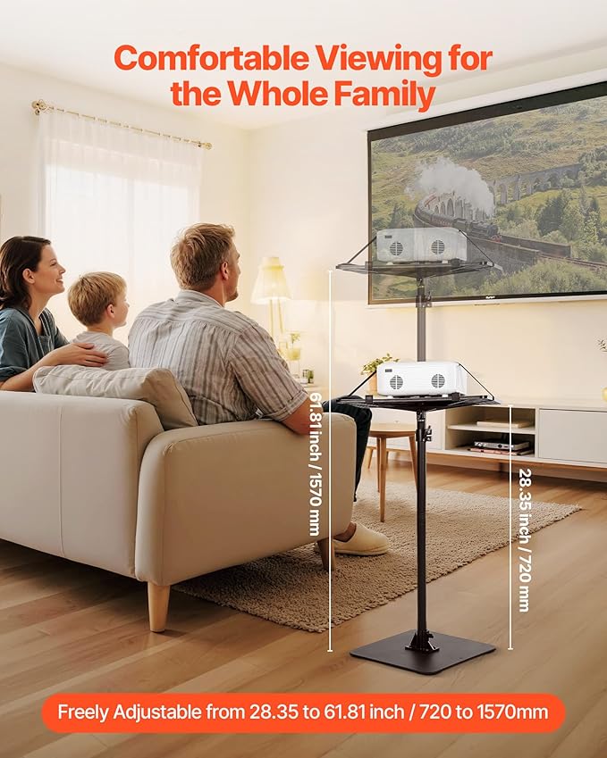 VEVOR Projector Stand with Adjustable Height 30.3 to 63.4 inch, 360° Horizontal Rotation Projectors Cart for Meetings, Outdoor Movies, Video Stand, Gimbal Mount or Tray Support