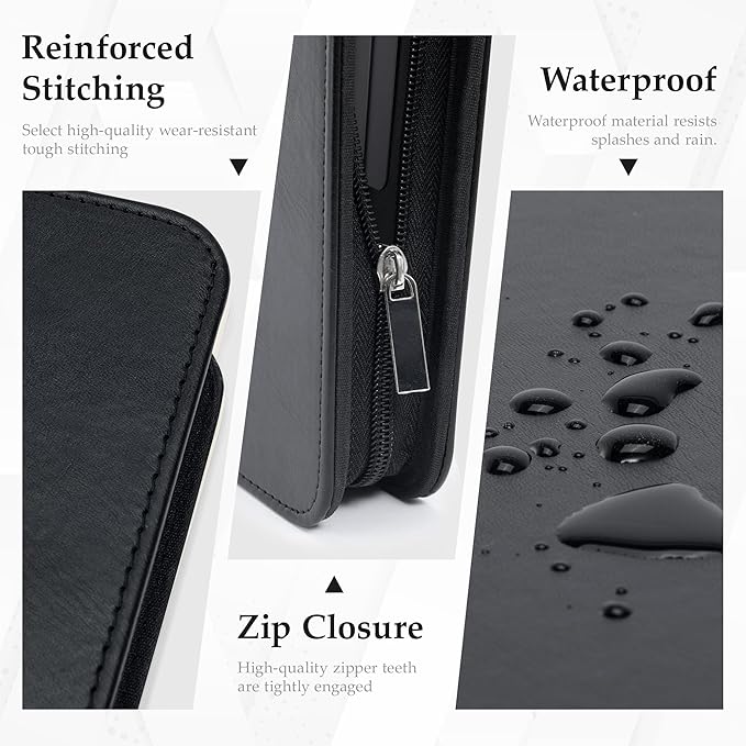EYROZILL Zipper Portfolio Binder, 3 Ring Leather Binders 1-Inch Capacity for 8.5x11, with Document Pockets, Card Slots & Phone Holder (Black)