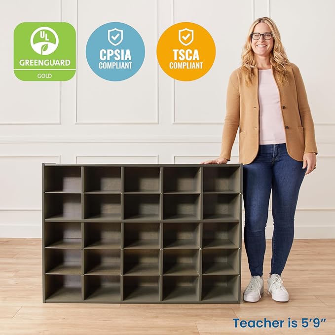 ECR4Kids Streamline 25 Cubby Tray Storage Cabinet, 5x5, Classroom Furniture, Grey Wash