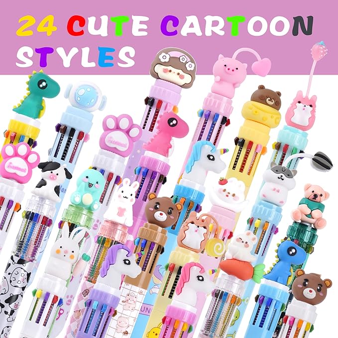 Kolewo4ever 24 Pieces Multicolor Ballpoint Pens 10-in-1 0.5mm Retractable Ballpoint Cartoon Pens for Office Supplies