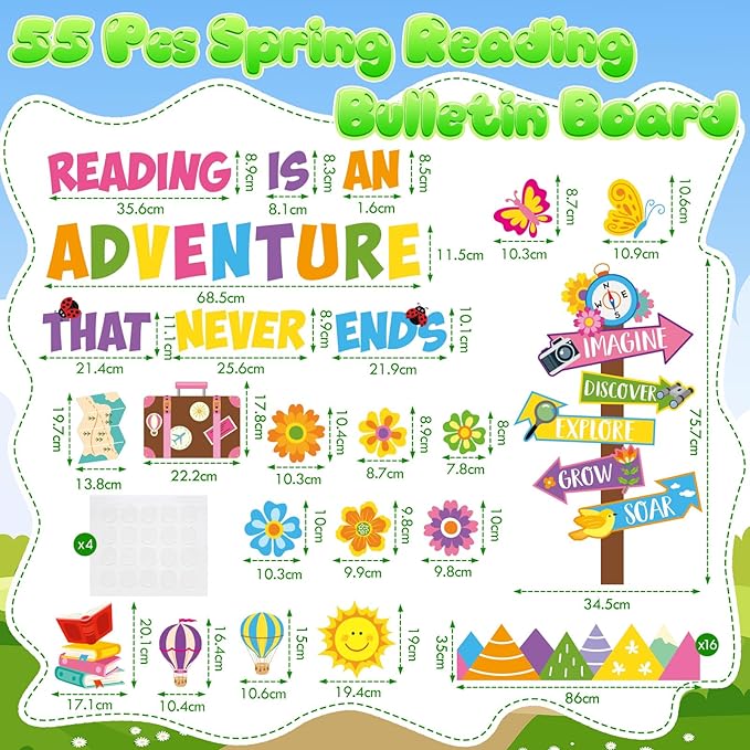 Honoson 55 Pcs Spring Reading Bulletin Board Set Reading is an Adventure Bulletin Boards Colorful Floral Cutouts Decors for Spring Back to School Library Home Chalkboard Wall Decoration (Book)