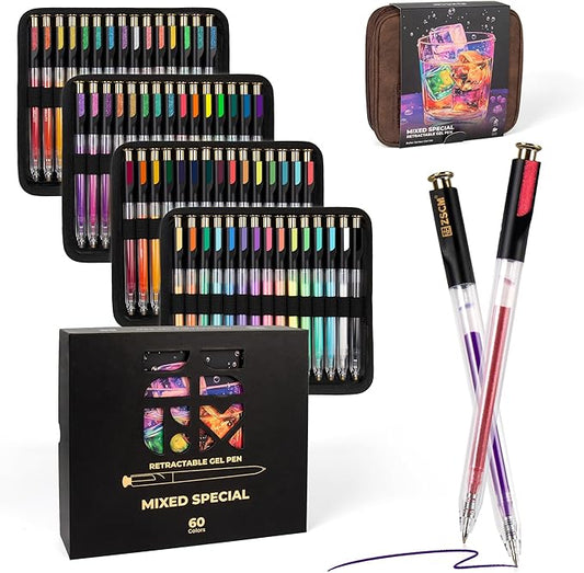 Retractable Gel Pen For Adult Coloring, 60 Colors Large Capacity Multicolor Gel Ink Pens, 1 mm Fine Point Smooth Writing Color Pen for Adult Coloring Book Note Taking Aesthetic Art Supplies