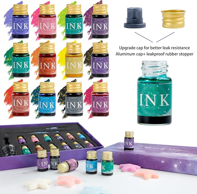 Glass Dip Pen Ink Set, 16pcs Calligraphy Fountain Pens Set, 2 Crystal Glass Pen, 12 Gold Powder Drawing Ink Drip Tool for Writing Signatures Art Christmas Gift, Calligraphy Kit for Beginners