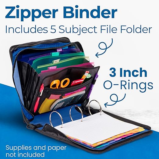 Case-it Mighty Zip Tab School Zipper Binder | 3-Inch O-Rings, 600-Sheet Capacity, 5-Subject Expanding File Folder, Multiple Pockets & Storage Organizer, Shoulder Strap | D-146 Desert Night