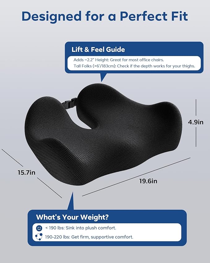 Feagar Office Chair Cushion for Sciatica & Tailbone Pain Relief – Extra Thick Memory Foam Seat Cushion for Long Sitting, Desk Chair & Wheelchair, Non-Slip Bottom