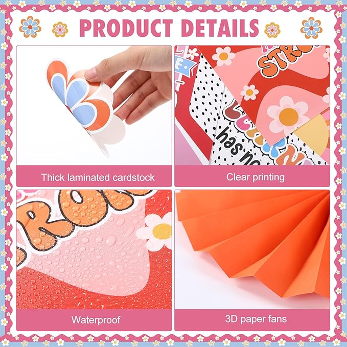 Pajean 62 Pcs Retro Groovy Classroom Bulletin Board Decorations Inspirational Posters with 3D Paper Fans Groovy Cutouts Motivational Bulletin Board Set for Back to School Classroom Home Decorations