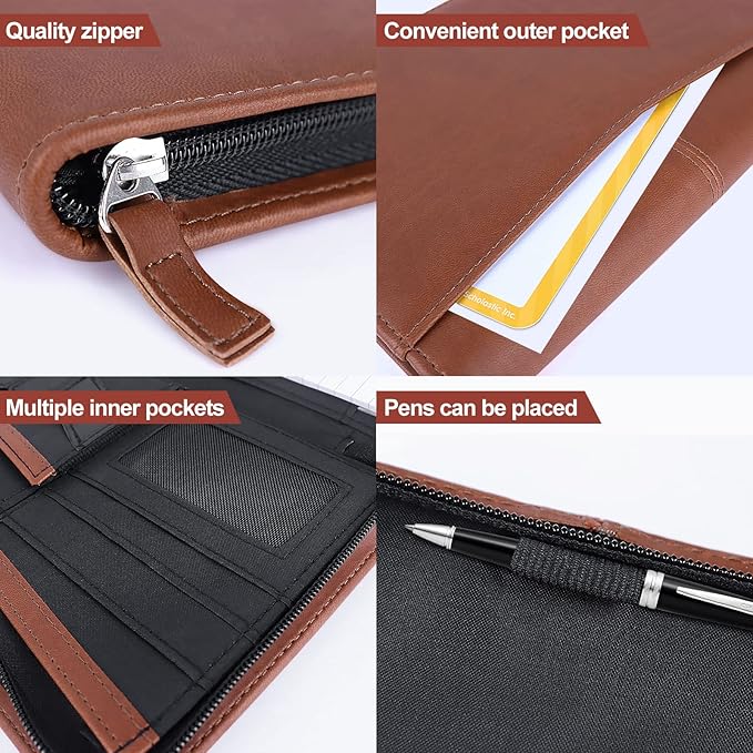 Godery Padfolio/Portfolio, Leather Zippered Padfolio Portfolio Binder 5 x 8 Legal Writing Pad, Professional Business Portfolio for Men & Women, Card Holder, Notepad Clipboard Holder (Brown-9.5 * 6.5)