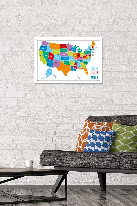 Trends International Map - United States Of America 2022 Wall Poster, 14.725" x 22.375", White Framed Version