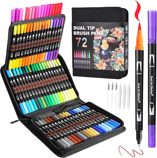 Art Markers Pens Dual Tip Coloring Markers Set with Brush & Fine Nib for Adult Coloring Book Christmas Gifts Professional Calligraphy & Drawing Art Supplies Kit for Adults (72 Colors)