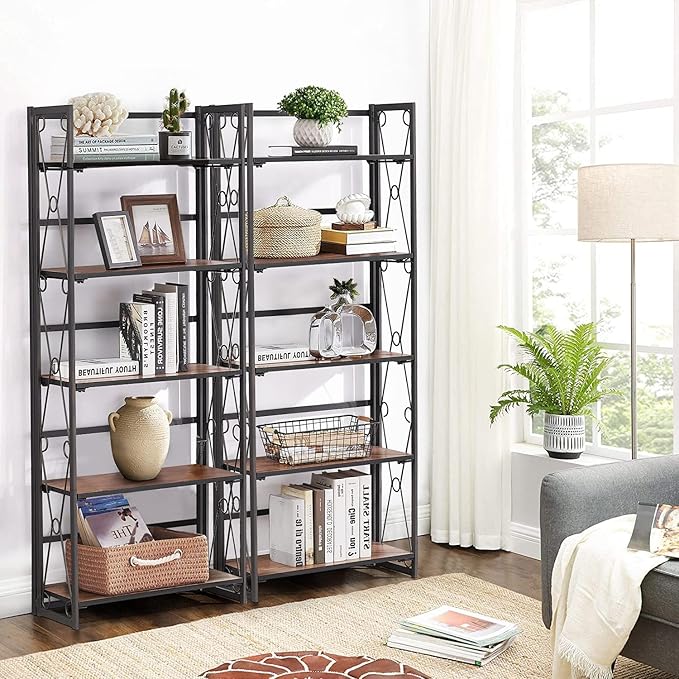 VECELO Folding Bookshelf 5-Tier,Industrial Metal Frame & Wood Shelves,Foldable Bookcase No Assembly Free Standing Storage Organizer for Living Room,Office,Bedroom