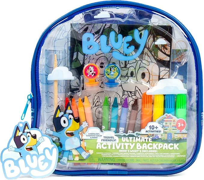 Bluey Ultimate Activity Backpack, 10+ Activities, Includes Backpack with 4 Sticker Suncatchers with 4 Suction Cups, 4 Surprise Scratch Arts, 2 Velv-its Posters, 1 Coloring Roll, 4 Markers, Kid Gifts
