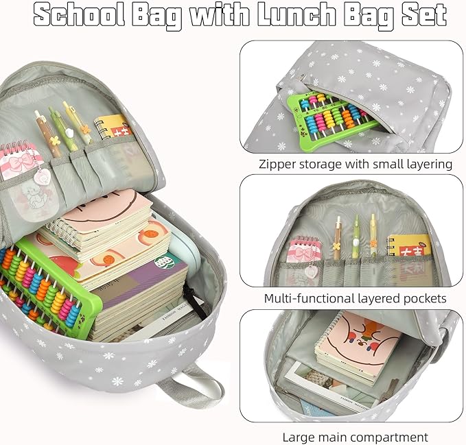 Flowers School Backpack for Girls, 3PCS Bookbags Set with Lunch Box Pencil Pouch Elementary Middle School Bag Laptop Back Packs (Daisy Grey)