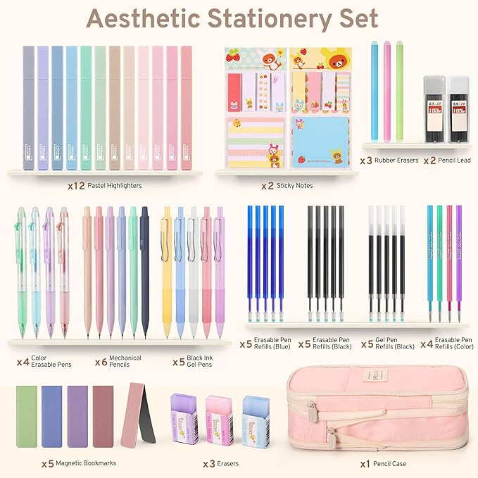 62PCS Aesthetic Stationery Set with Pencil Case, No Bleed Highlighters, Gel & Erasable Pens, Mechanical Pencils, Refills, Cute Supplies for Note Taking, Journaling & Bible Study, Pink