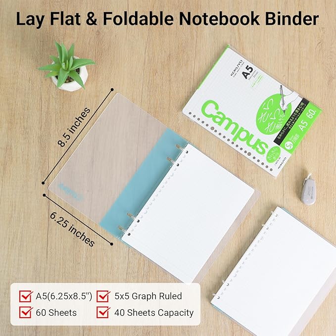 KOKUYO Campus 2x2 Spiral Binder Notebook Set, A5 Refillable Notebook + 60 Refill Papers with 5x5 Graph Ruled, 40 Sheet Capacity, Light Blue, Perfect for Work, Study & Journal, Japan Import