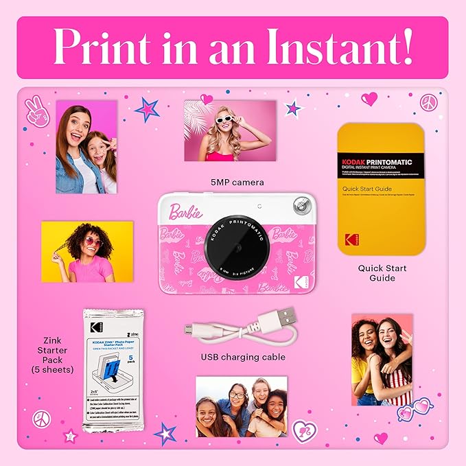 Barbie x Kodak Printomatic Full-Color Instant Print Digital Camera – 5MP Portable Barbie Camera Prints Colorful 2x3” Sticky-Back Photos – Signature Style