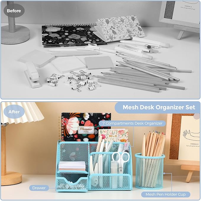 SKYDUE Blue Office Supplies Set, Office Desk Accessories, Mesh Desk Organizer, Stapler, Tape Dispenser, Scissors, Binder/Paper Clips and 1000pcs Staples, Office Supplies for Teacher