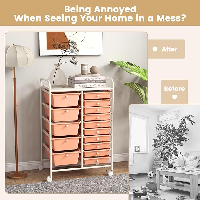 COSTWAY 15 Drawer Rolling Storage Cart, Mobile Utility Cart with Lockable Wheels, Drawers, Multipurpose Organizer Cart for Home, Office, School, Peach