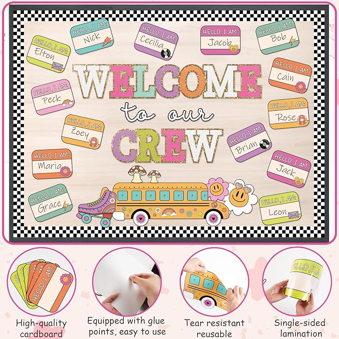 Welcome Back to School Bulletin Board Decorations Set, Groovy Classroom Decor Retro Welcome to Our Crew Classroom Decor Colorful Cutouts for Back to School Teachers Supplies Classroom Wall Door Decor