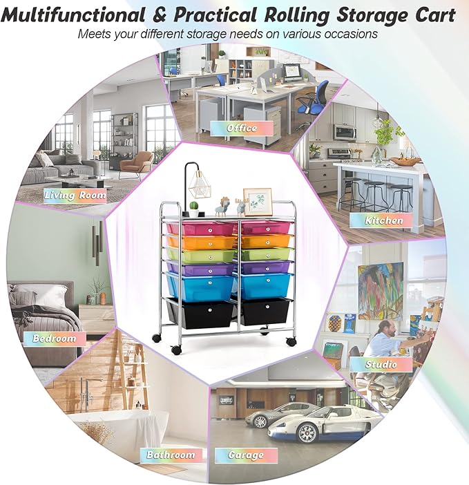 COSTWAY 12-Drawer Rolling Storage Cart, Moveable Art Craft Organizer W/Lockable Wheels, Metal Shelf, Files Arrangement Tools Makeup Storage Cart for Office, Home, School (Rainbow)