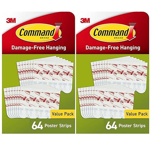 Command Small Poster Strips, 128 White Adhesive Strips (2 Packs of 64), Damage-Free Hanging for Posters, Kids’ Artwork, Banners & Signs, No Tools, Removes Cleanly