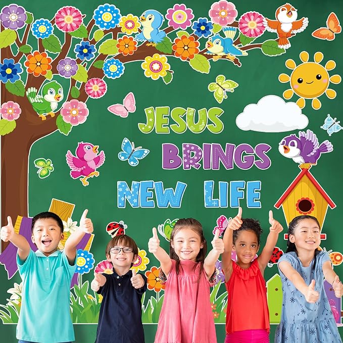 Pajean 112 Pcs Religious Bulletin Board Decorations Classroom Christian Flower Tree Bulletin Board Set Jesus Brings New Life Cutout Bible Vbs Craft for Summer Classroom Sunday School Church Supplies