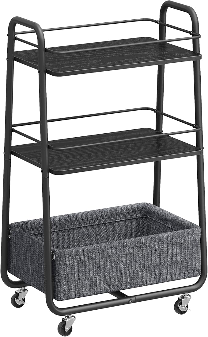 VASAGLE LILEA Collection - Storage Cart with Fabric Basket, 3-Tier Rolling Utility Cart with Wheels and Shelves, for Living Room Bedroom Kitchen, Ebony Black and Slate Gray ULRC001BE02