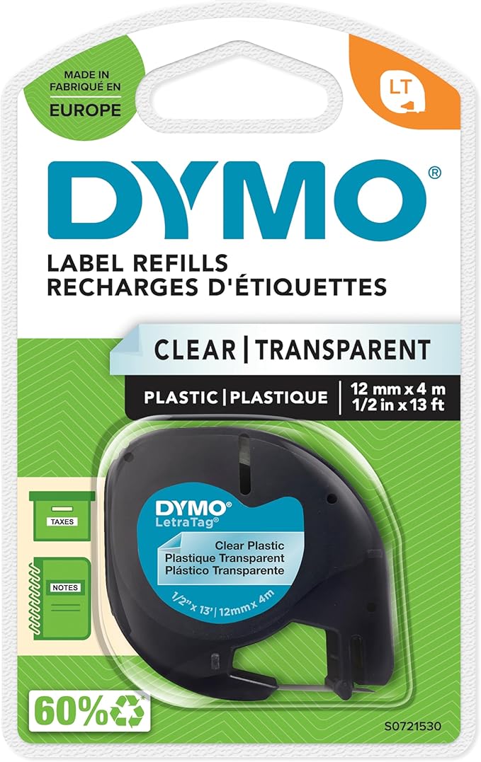 DYMO Authentic LT Plastic Labels | 12 mm x 4 m Roll | Black Print on Clear Labels | for LetraTag Label Makers