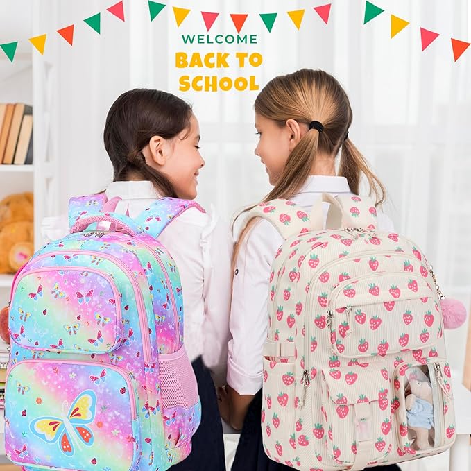 Corduroy Strawberry Backpack for Girls Teens School Bookbag with Lunch Box Pencil Case Laptop Sleeve Elementary Middle School Bag, Straberry-Pink