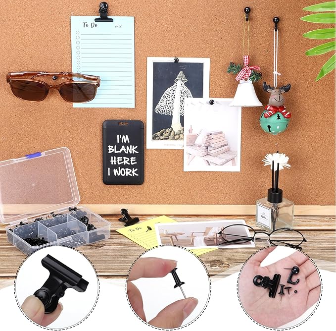 310 Pcs Push Pins Set, Black Thumb Tacks Decorative Push Pins for Cork Board with Push Pin Hook Pushpin Clip 5 Style Office Accessories for Cork Board Map Office (Black)