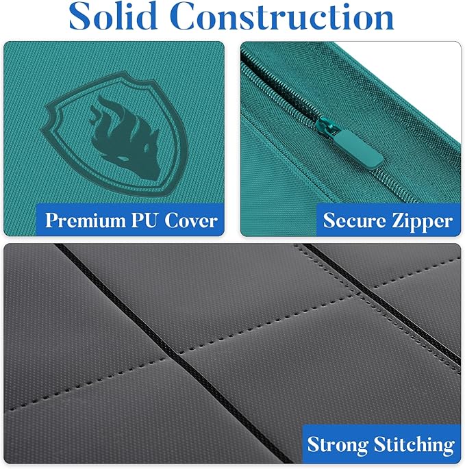Premium Zip Card Binder, Fabmaker 9 Pocket Trading Card Binder, PU Cover Zipper Card Collection Album, Sturdy 360 Side-Loading Card Folder Holder for Game & Sports Cards, Turquoise