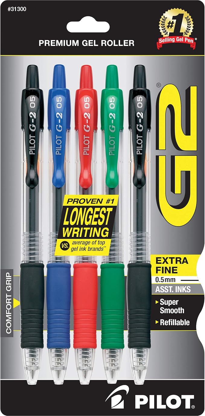 Pilot G2 Premium Gel Pens, Gel Roller Pens, Extra Fine Point 0.5 mm Assorted Colors 5